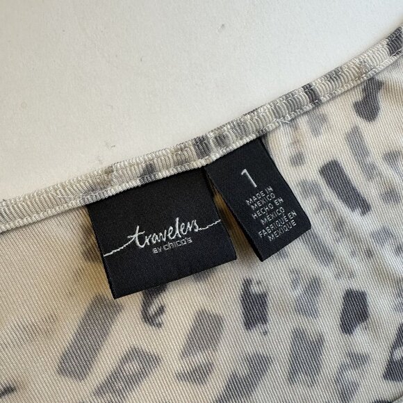 Chicos Travelers Abstract Print Womens 3/4 Sleeve Top Size 1X Grey White Slinky - Picture 3 of 8